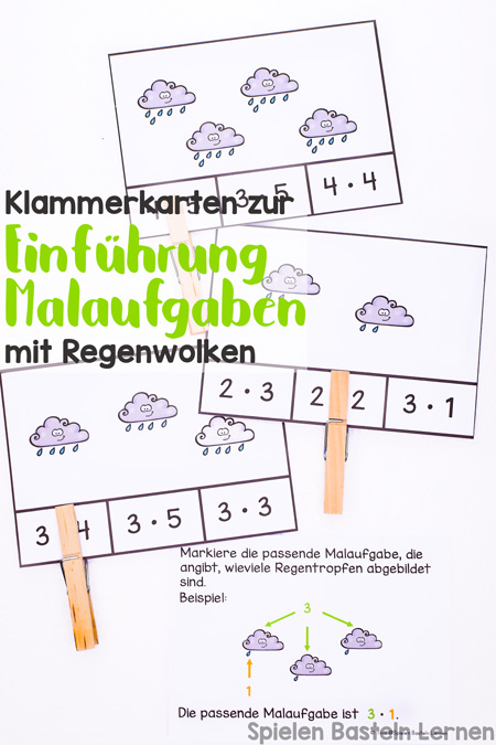 Einfache und niedliche Einführung in das Konzept der Multiplikation mit Klammerkarten: Malaufgaben mit Regenwolken, perfekt für Zweitklässler.