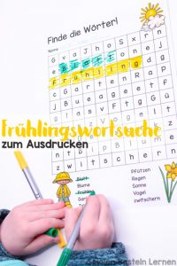 Erst- und Zweitklässler können Frühlingswörter lernen mit dieser einfachen Frühlingswörtersuche zum Ausdrucken!