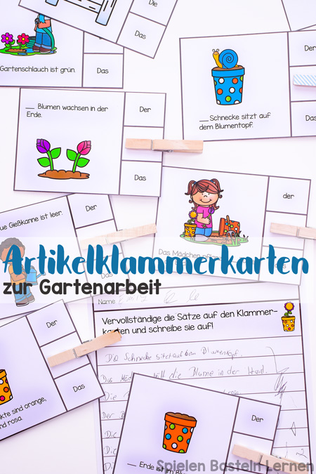 Grundschüler können Begleiter üben mit diesen niedlichen Artikelklammerkarten zur Gartenarbeit. Mit Anleitungskarten und passendem Blatt zum Schreiben der Sätze.