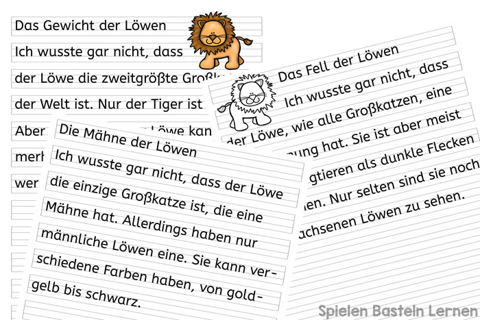 Schreiben üben und etwas über Löwen lernen: Löwentexte zum Abschreiben für Erst- und Zweitklässler. Drei verschiedene Texte mit Bildern in Farbe und schwarz-weiß.