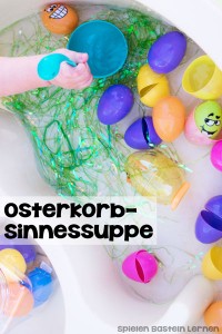 Kinder lieben es, mit Wasser zu spielen! Diese Osterkorb-Sinnessuppe ist ganz einfach vorzubereiten und macht Kleinkindern und Kindergartenkindern riesig Spaß!